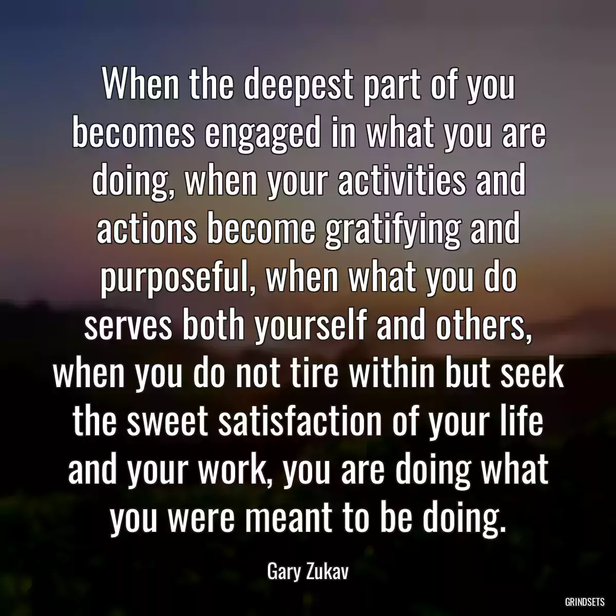 When the deepest part of you becomes engaged in what you are doing, when your activities and actions become gratifying and purposeful, when what you do serves both yourself and others, when you do not tire within but seek the sweet satisfaction of your life and your work, you are doing what you were meant to be doing.