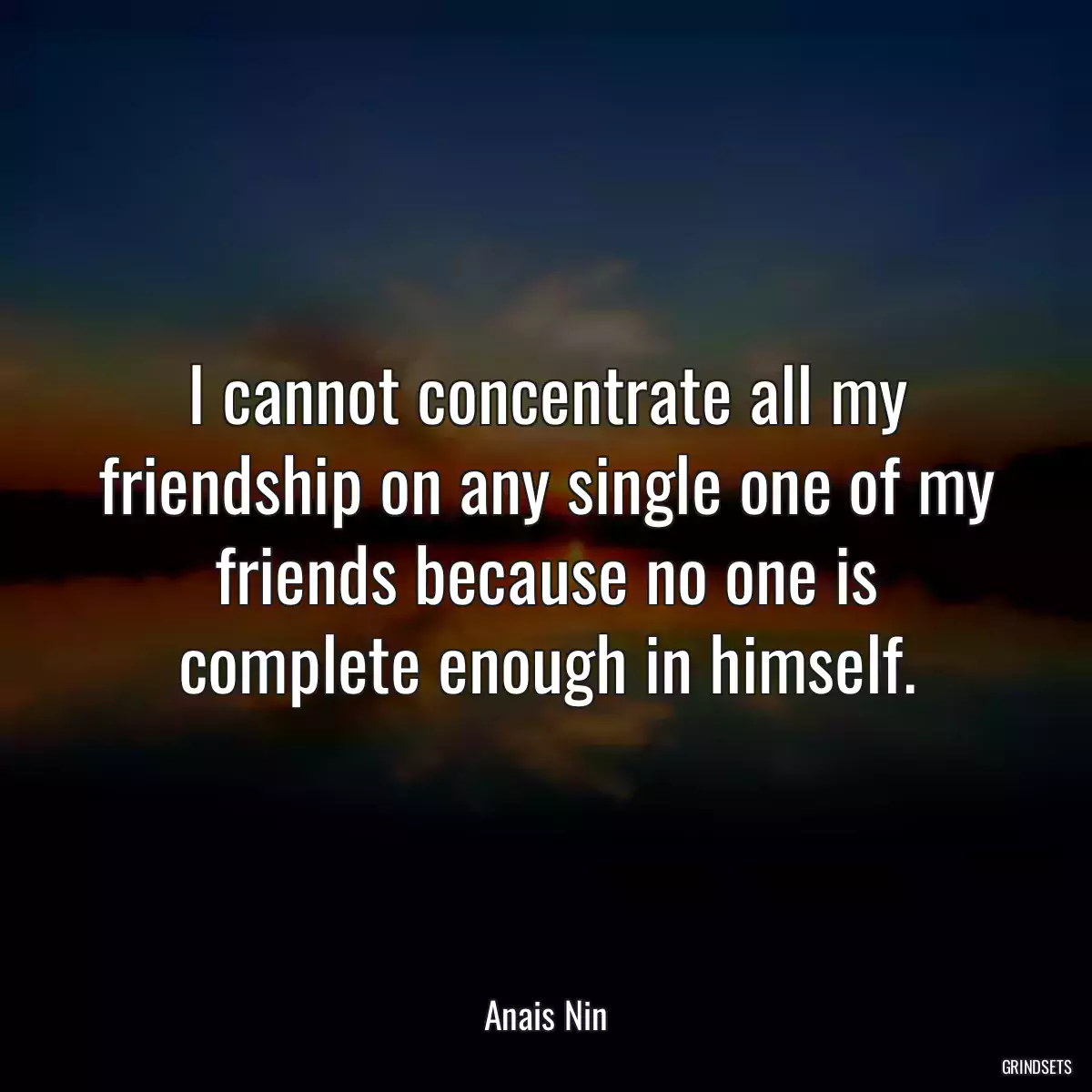 I cannot concentrate all my friendship on any single one of my friends because no one is complete enough in himself.