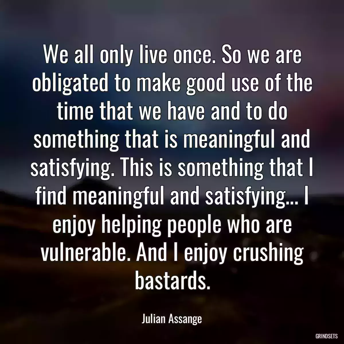 We all only live once. So we are obligated to make good use of the time that we have and to do something that is meaningful and satisfying. This is something that I find meaningful and satisfying... I enjoy helping people who are vulnerable. And I enjoy crushing bastards.