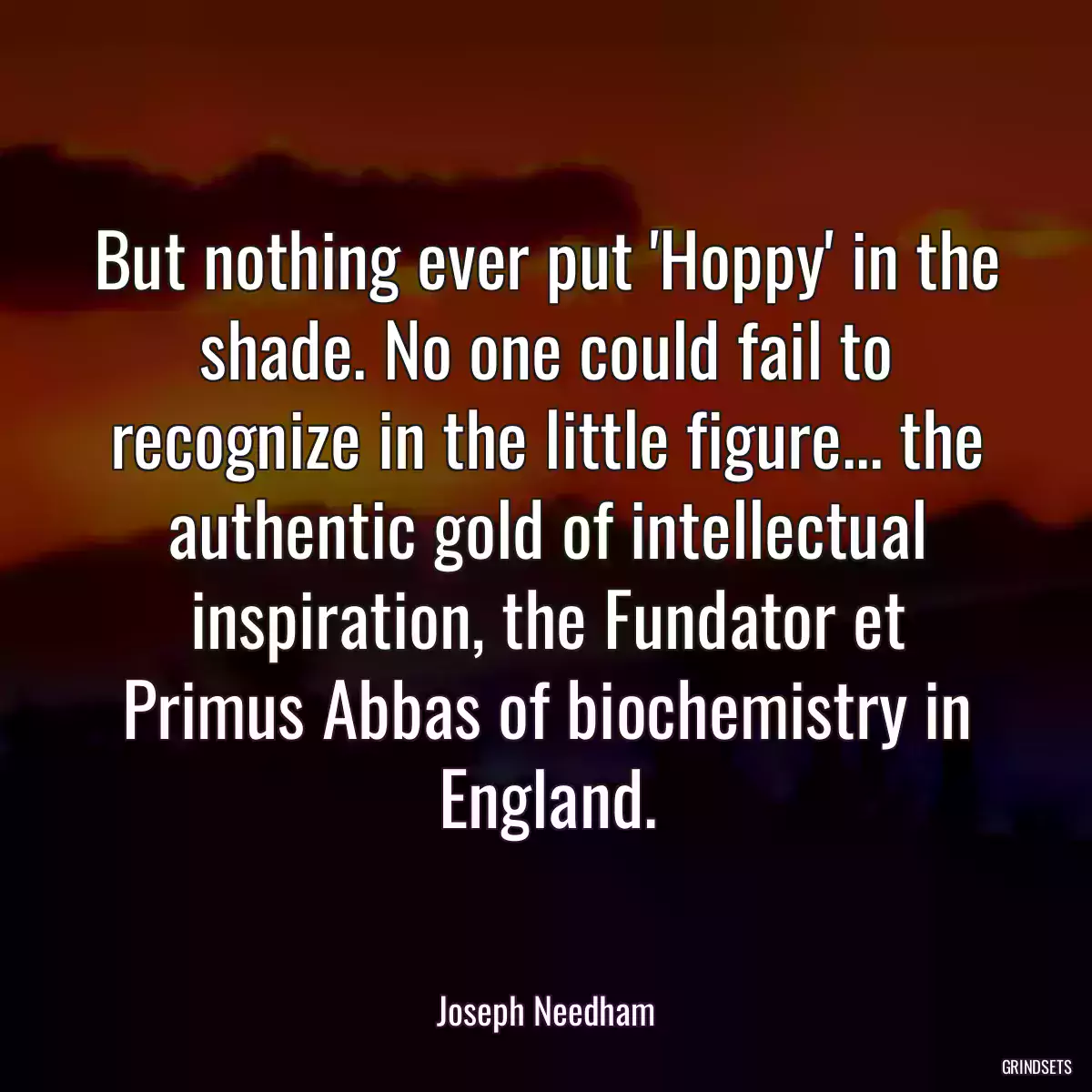 But nothing ever put \'Hoppy\' in the shade. No one could fail to recognize in the little figure... the authentic gold of intellectual inspiration, the Fundator et Primus Abbas of biochemistry in England.