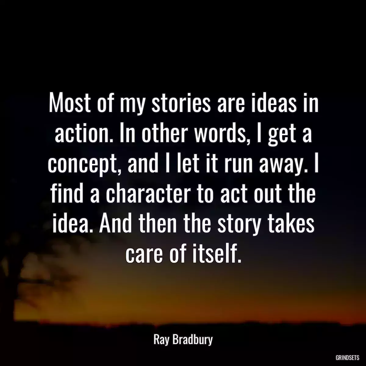 Most of my stories are ideas in action. In other words, I get a concept, and I let it run away. I find a character to act out the idea. And then the story takes care of itself.