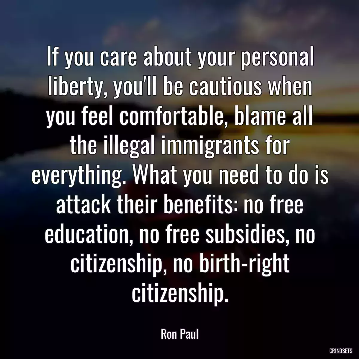 If you care about your personal liberty, you\'ll be cautious when you feel comfortable, blame all the illegal immigrants for everything. What you need to do is attack their benefits: no free education, no free subsidies, no citizenship, no birth-right citizenship.