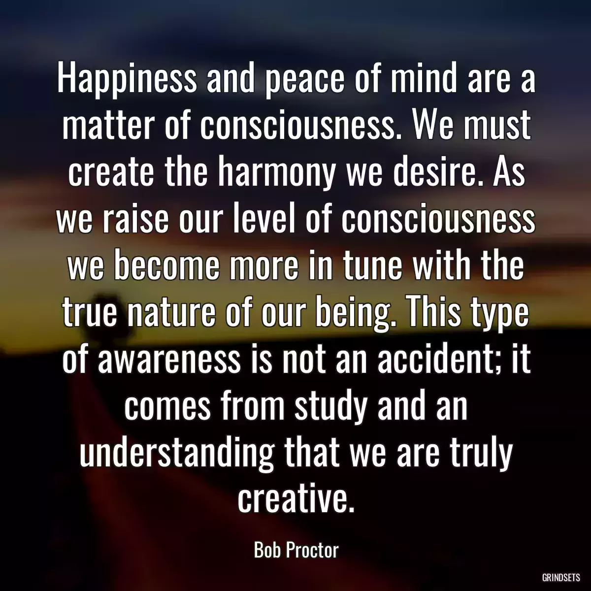 Happiness and peace of mind are a matter of consciousness. We must create the harmony we desire. As we raise our level of consciousness we become more in tune with the true nature of our being. This type of awareness is not an accident; it comes from study and an understanding that we are truly creative.