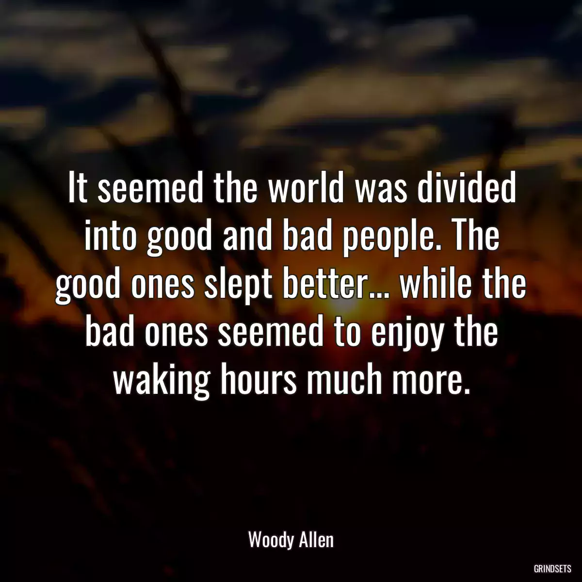 It seemed the world was divided into good and bad people. The good ones slept better... while the bad ones seemed to enjoy the waking hours much more.