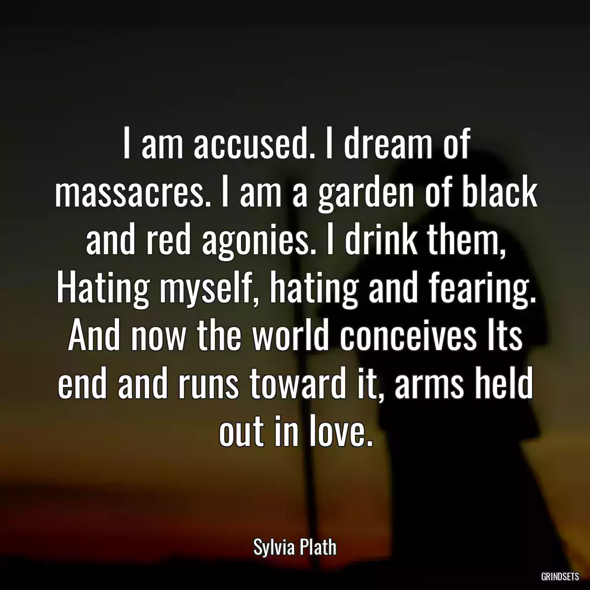 I am accused. I dream of massacres. I am a garden of black and red agonies. I drink them, Hating myself, hating and fearing. And now the world conceives Its end and runs toward it, arms held out in love.