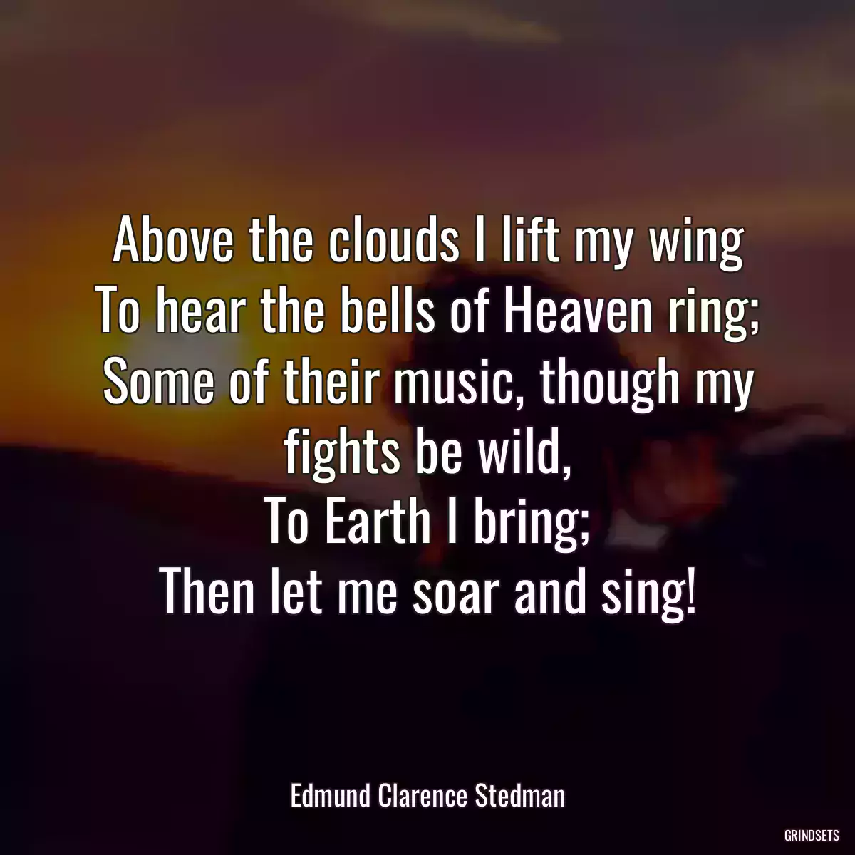 Above the clouds I lift my wing
To hear the bells of Heaven ring;
Some of their music, though my fights be wild,
To Earth I bring;
Then let me soar and sing!