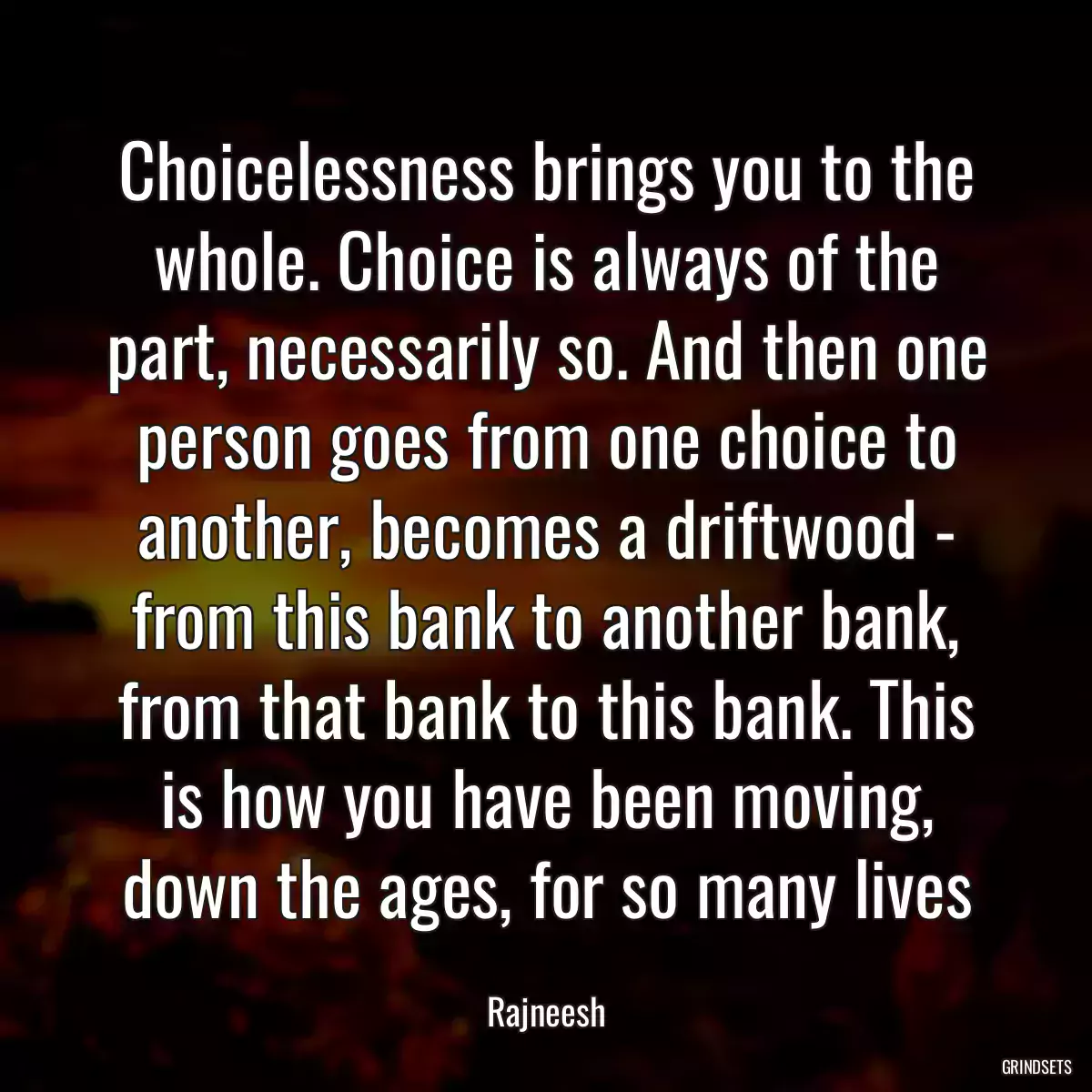 Choicelessness brings you to the whole. Choice is always of the part, necessarily so. And then one person goes from one choice to another, becomes a driftwood - from this bank to another bank, from that bank to this bank. This is how you have been moving, down the ages, for so many lives