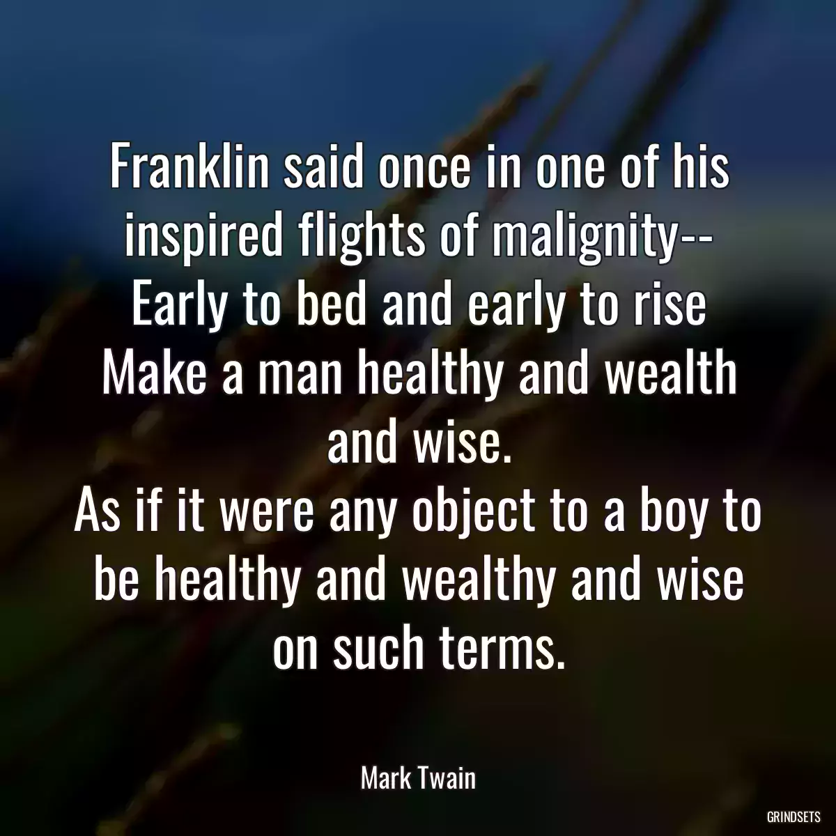 Franklin said once in one of his inspired flights of malignity--
Early to bed and early to rise
Make a man healthy and wealth and wise.
As if it were any object to a boy to be healthy and wealthy and wise on such terms.