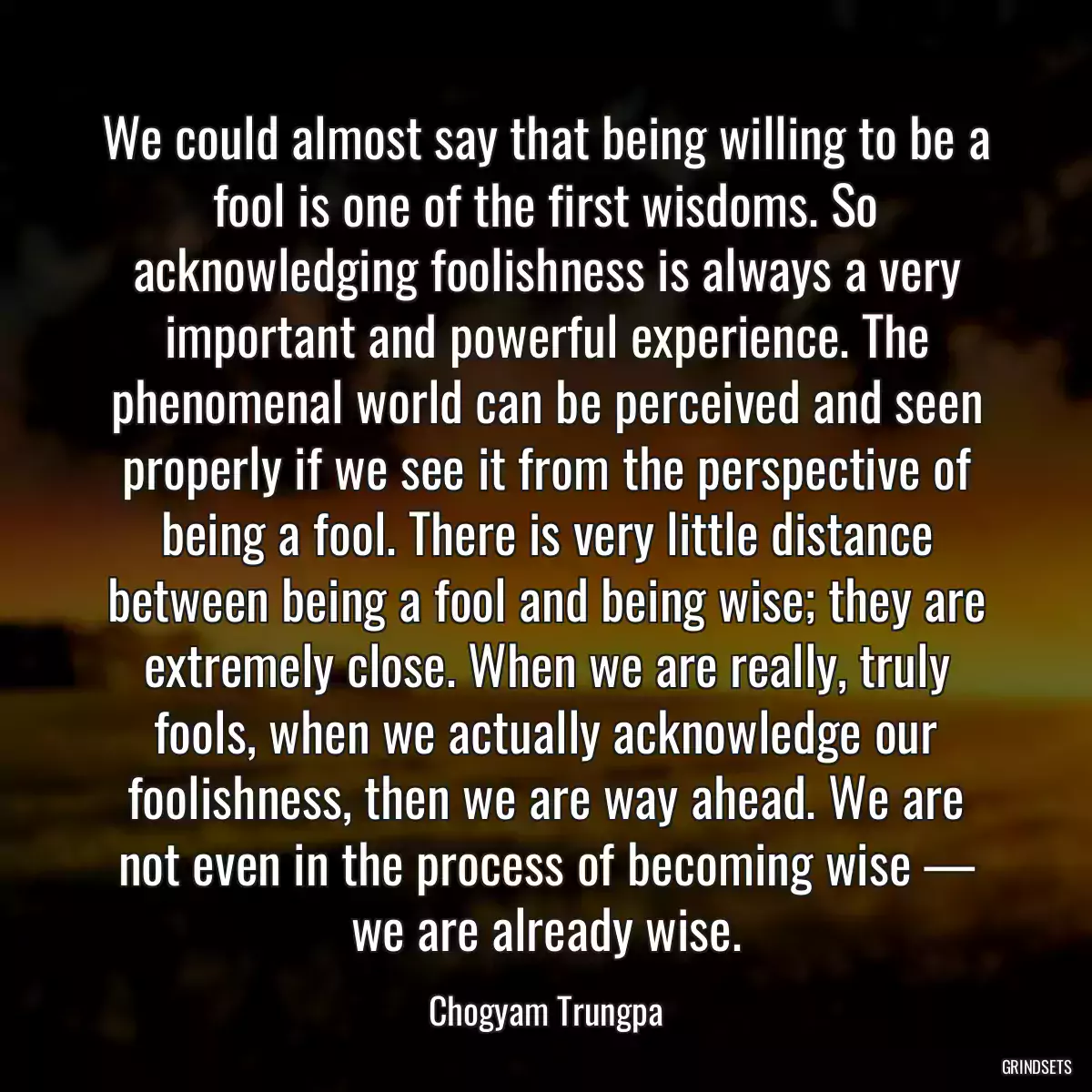 We could almost say that being willing to be a fool is one of the first wisdoms. So acknowledging foolishness is always a very important and powerful experience. The phenomenal world can be perceived and seen properly if we see it from the perspective of being a fool. There is very little distance between being a fool and being wise; they are extremely close. When we are really, truly fools, when we actually acknowledge our foolishness, then we are way ahead. We are not even in the process of becoming wise — we are already wise.