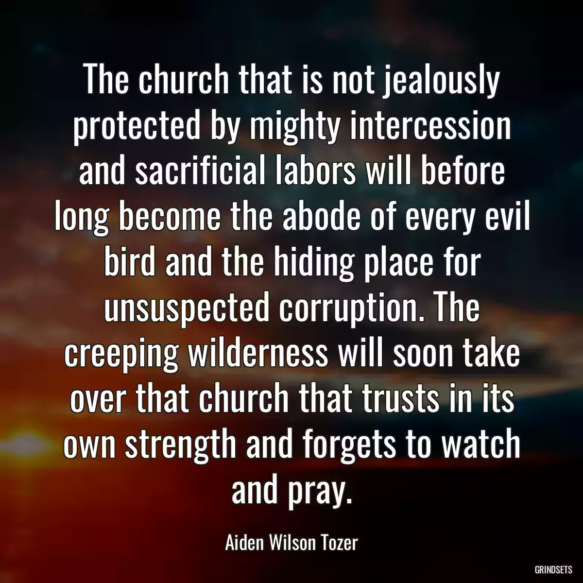 The church that is not jealously protected by mighty intercession and sacrificial labors will before long become the abode of every evil bird and the hiding place for unsuspected corruption. The creeping wilderness will soon take over that church that trusts in its own strength and forgets to watch and pray.