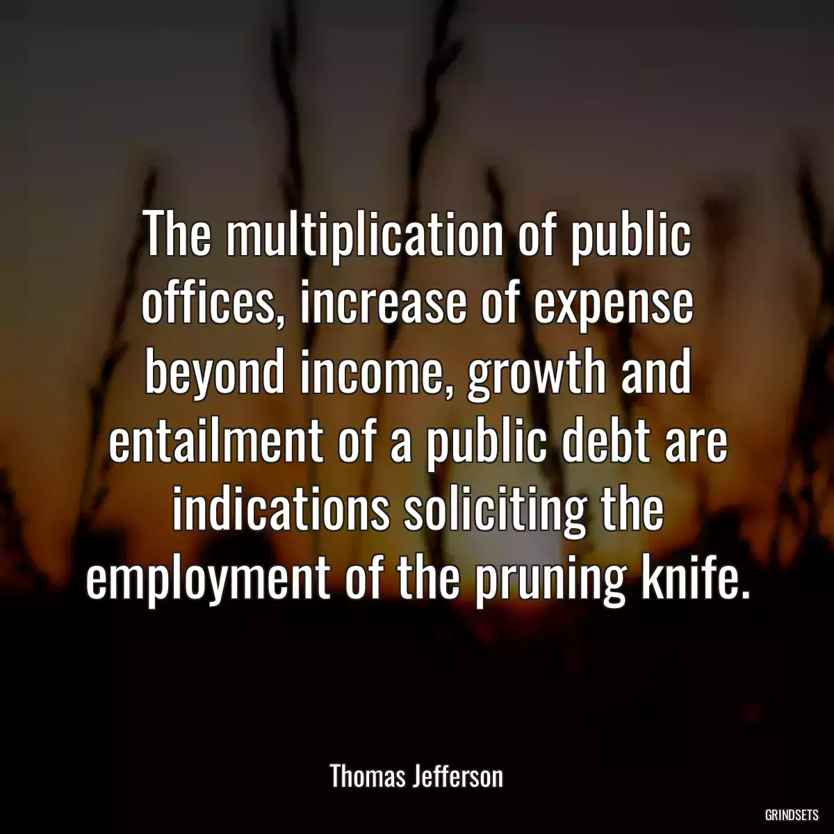 The multiplication of public offices, increase of expense beyond income, growth and entailment of a public debt are indications soliciting the employment of the pruning knife.