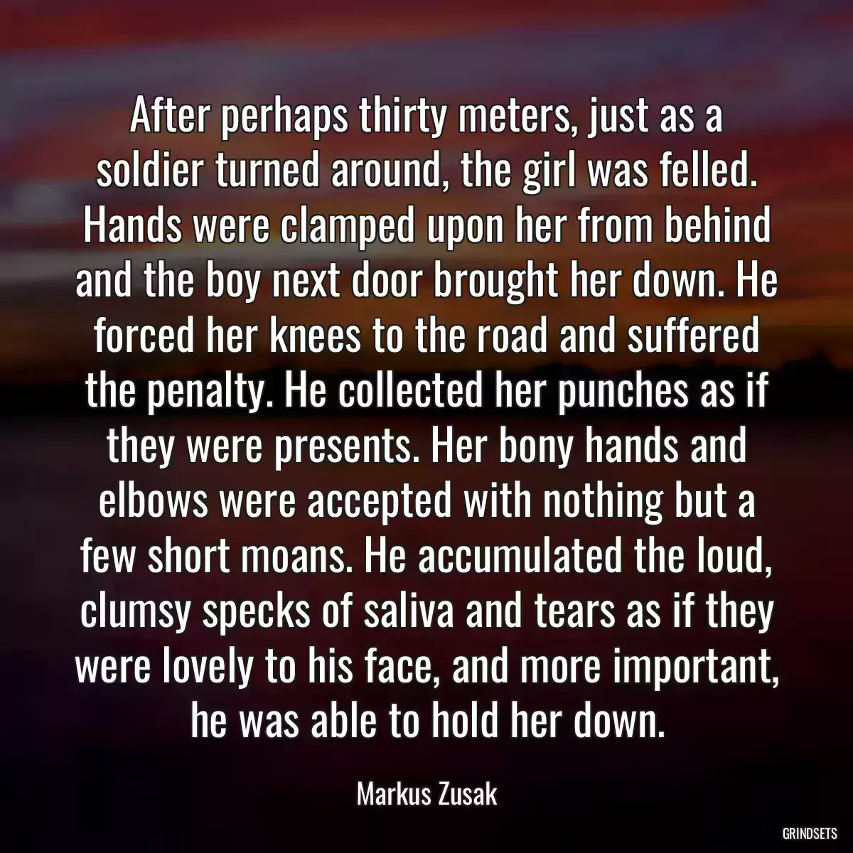 After perhaps thirty meters, just as a soldier turned around, the girl was felled. Hands were clamped upon her from behind and the boy next door brought her down. He forced her knees to the road and suffered the penalty. He collected her punches as if they were presents. Her bony hands and elbows were accepted with nothing but a few short moans. He accumulated the loud, clumsy specks of saliva and tears as if they were lovely to his face, and more important, he was able to hold her down.