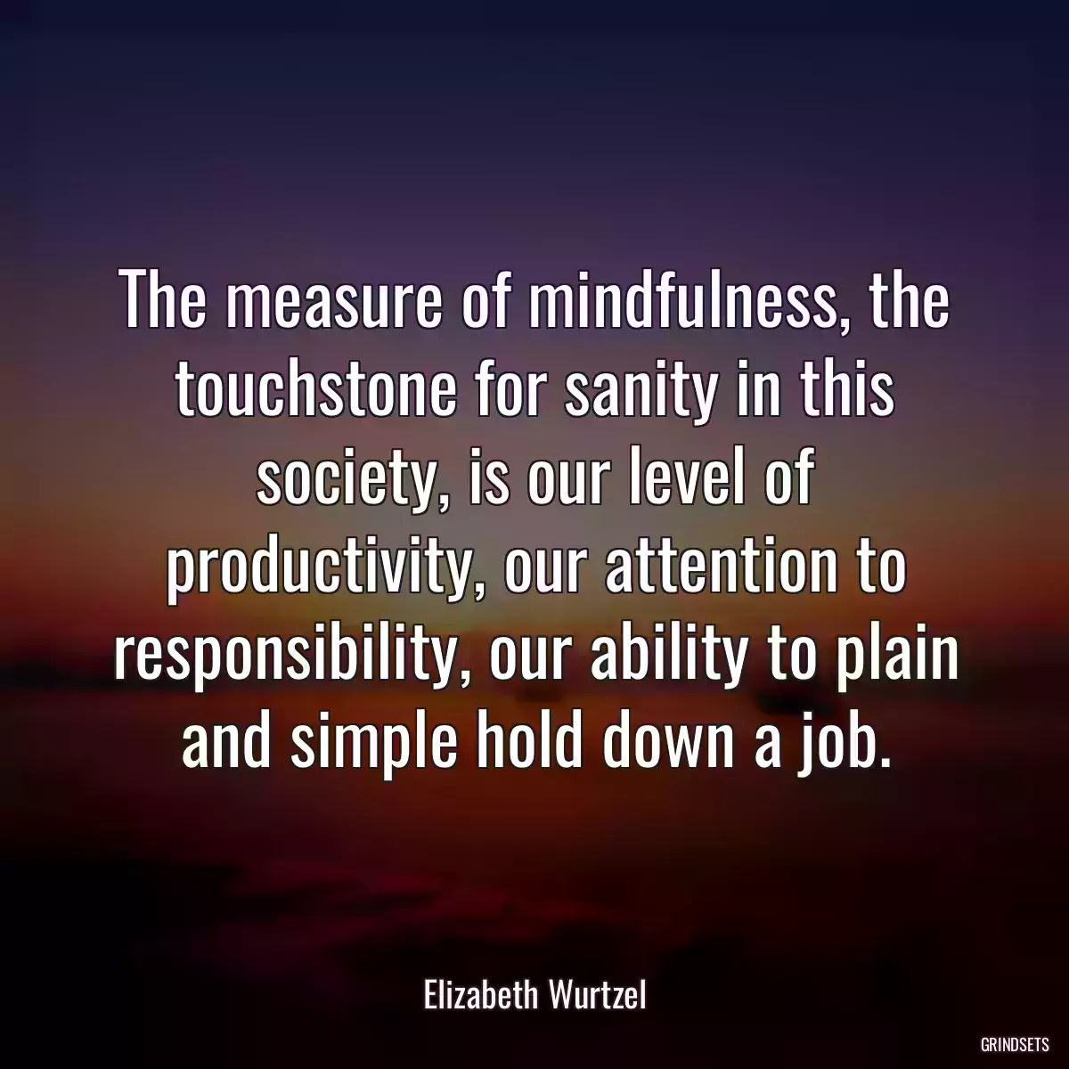 The measure of mindfulness, the touchstone for sanity in this society, is our level of productivity, our attention to responsibility, our ability to plain and simple hold down a job.