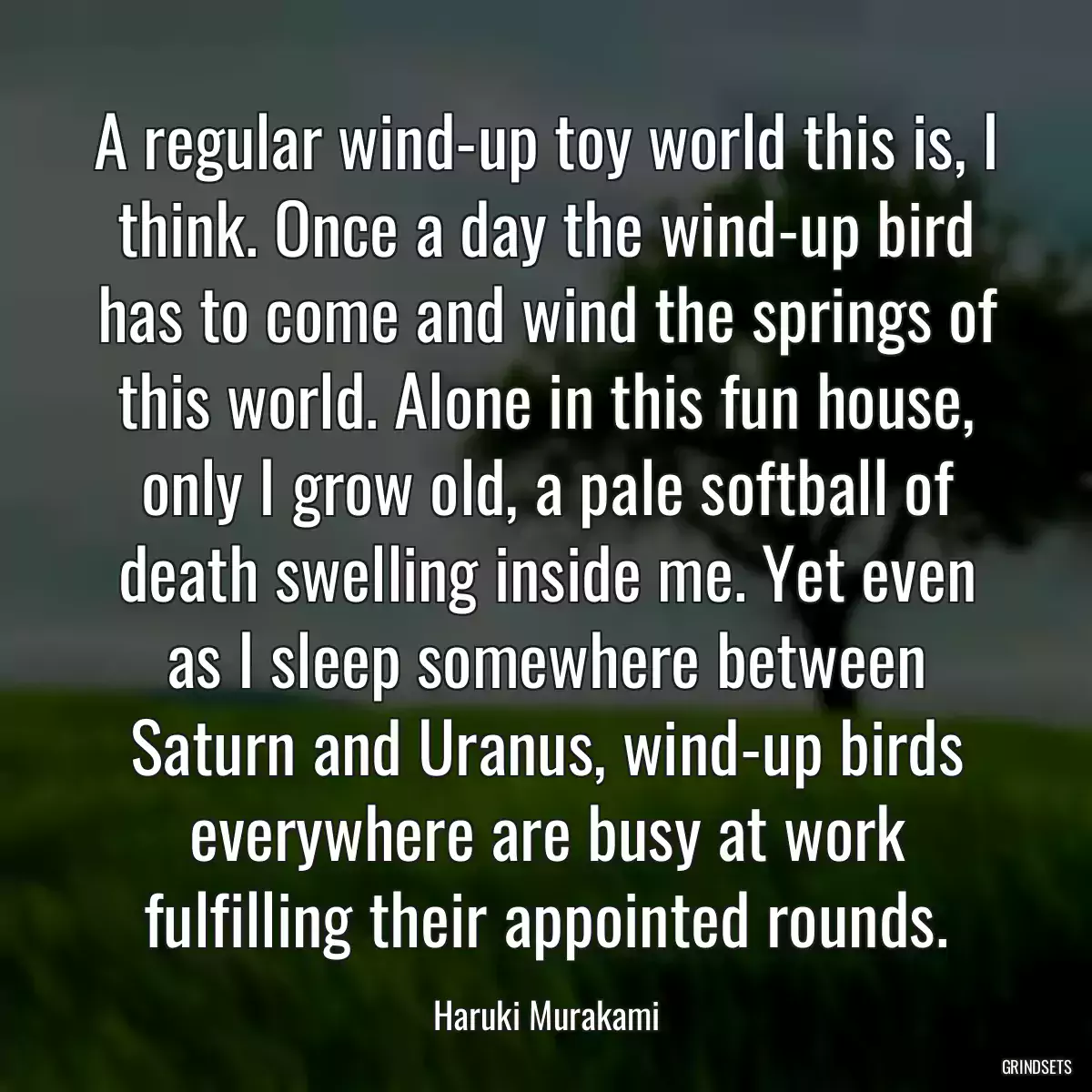 A regular wind-up toy world this is, I think. Once a day the wind-up bird has to come and wind the springs of this world. Alone in this fun house, only I grow old, a pale softball of death swelling inside me. Yet even as I sleep somewhere between Saturn and Uranus, wind-up birds everywhere are busy at work fulfilling their appointed rounds.