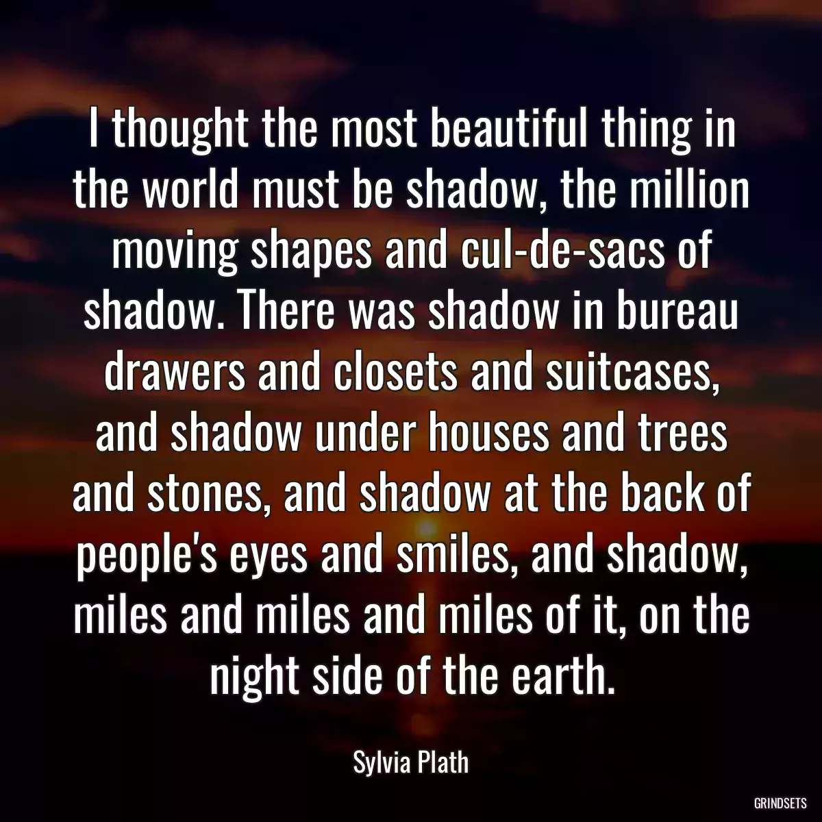 I thought the most beautiful thing in the world must be shadow, the million moving shapes and cul-de-sacs of shadow. There was shadow in bureau drawers and closets and suitcases, and shadow under houses and trees and stones, and shadow at the back of people\'s eyes and smiles, and shadow, miles and miles and miles of it, on the night side of the earth.