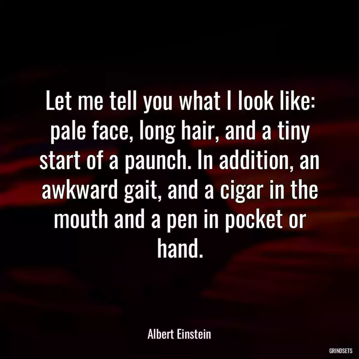 Let me tell you what I look like: pale face, long hair, and a tiny start of a paunch. In addition, an awkward gait, and a cigar in the mouth and a pen in pocket or hand.