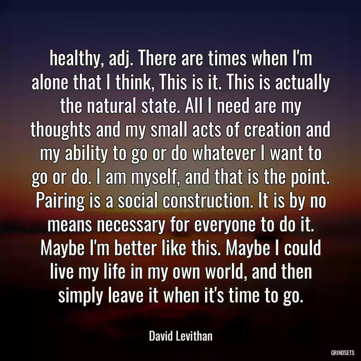 healthy, adj. There are times when I\'m alone that I think, This is it. This is actually the natural state. All I need are my thoughts and my small acts of creation and my ability to go or do whatever I want to go or do. I am myself, and that is the point. Pairing is a social construction. It is by no means necessary for everyone to do it. Maybe I\'m better like this. Maybe I could live my life in my own world, and then simply leave it when it\'s time to go.