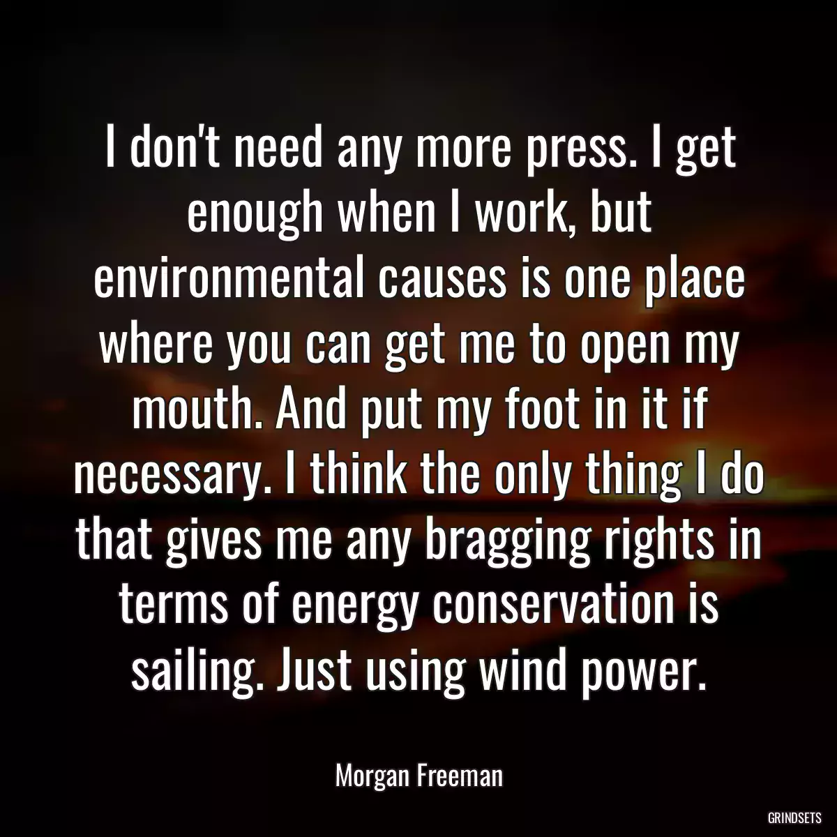 I don\'t need any more press. I get enough when I work, but environmental causes is one place where you can get me to open my mouth. And put my foot in it if necessary. I think the only thing I do that gives me any bragging rights in terms of energy conservation is sailing. Just using wind power.