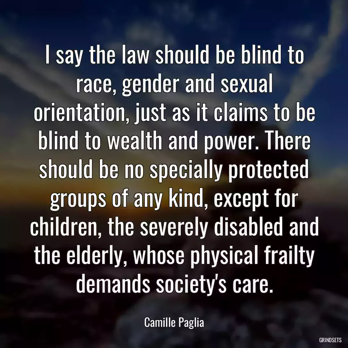 I say the law should be blind to race, gender and sexual orientation, just as it claims to be blind to wealth and power. There should be no specially protected groups of any kind, except for children, the severely disabled and the elderly, whose physical frailty demands society\'s care.