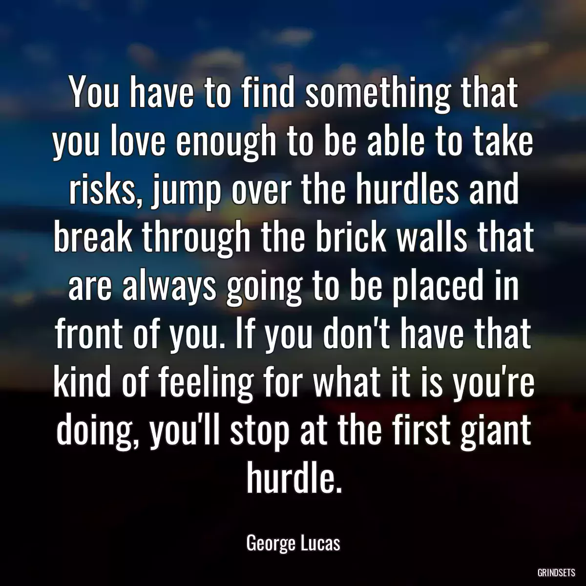 You have to find something that you love enough to be able to take risks, jump over the hurdles and break through the brick walls that are always going to be placed in front of you. If you don\'t have that kind of feeling for what it is you\'re doing, you\'ll stop at the first giant hurdle.