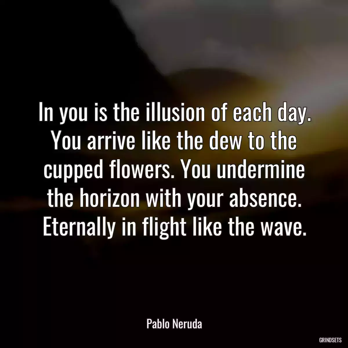 In you is the illusion of each day. You arrive like the dew to the cupped flowers. You undermine the horizon with your absence. Eternally in flight like the wave.