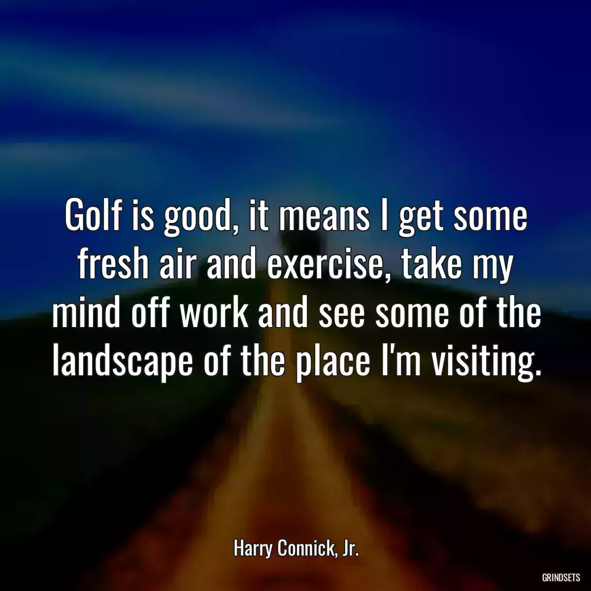 Golf is good, it means I get some fresh air and exercise, take my mind off work and see some of the landscape of the place I\'m visiting.