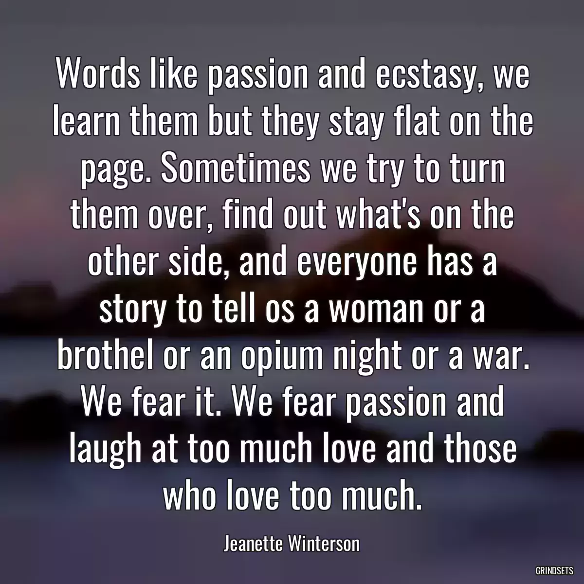 Words like passion and ecstasy, we learn them but they stay flat on the page. Sometimes we try to turn them over, find out what\'s on the other side, and everyone has a story to tell os a woman or a brothel or an opium night or a war. We fear it. We fear passion and laugh at too much love and those who love too much.