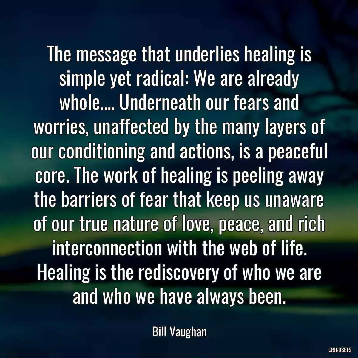 The message that underlies healing is simple yet radical: We are already whole.... Underneath our fears and worries, unaffected by the many layers of our conditioning and actions, is a peaceful core. The work of healing is peeling away the barriers of fear that keep us unaware of our true nature of love, peace, and rich interconnection with the web of life. Healing is the rediscovery of who we are and who we have always been.