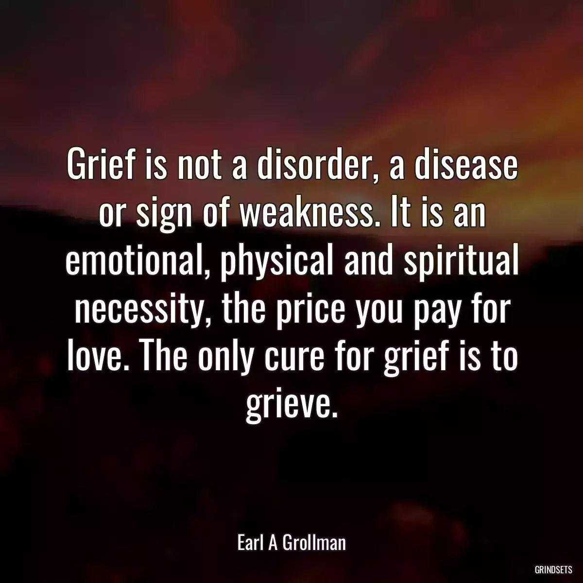 Grief is not a disorder, a disease or sign of weakness. It is an emotional, physical and spiritual necessity, the price you pay for love. The only cure for grief is to grieve.