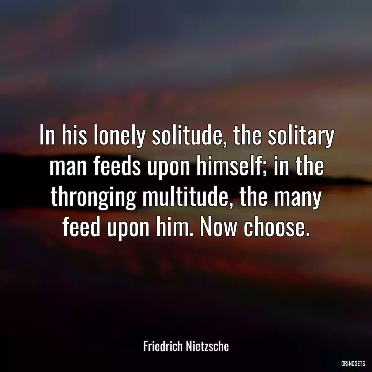 In his lonely solitude, the solitary man feeds upon himself; in the thronging multitude, the many feed upon him. Now choose.