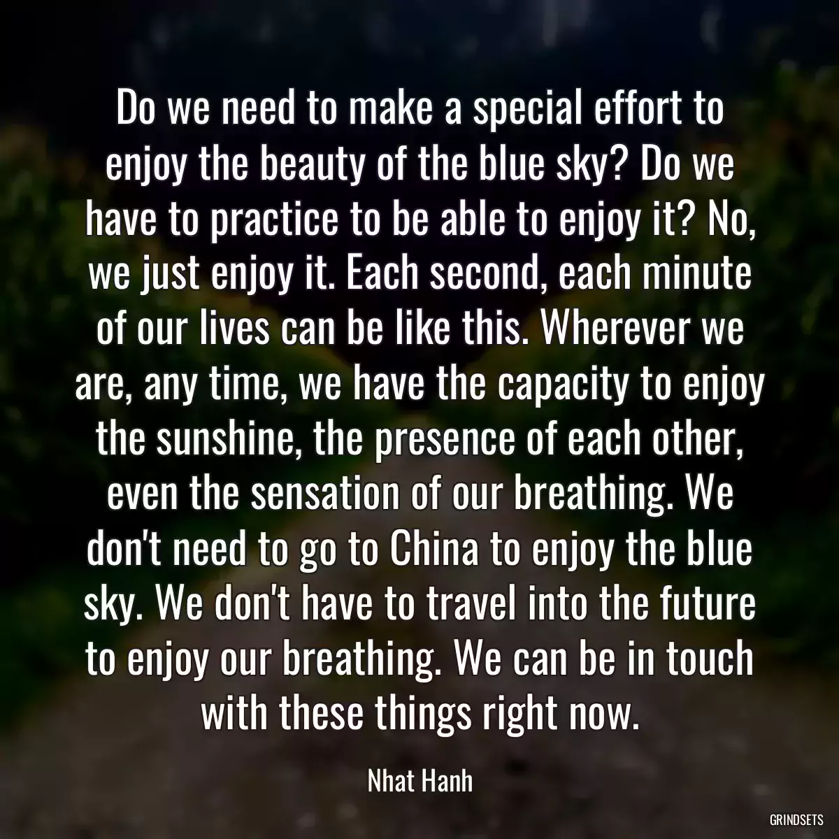 Do we need to make a special effort to enjoy the beauty of the blue sky? Do we have to practice to be able to enjoy it? No, we just enjoy it. Each second, each minute of our lives can be like this. Wherever we are, any time, we have the capacity to enjoy the sunshine, the presence of each other, even the sensation of our breathing. We don\'t need to go to China to enjoy the blue sky. We don\'t have to travel into the future to enjoy our breathing. We can be in touch with these things right now.