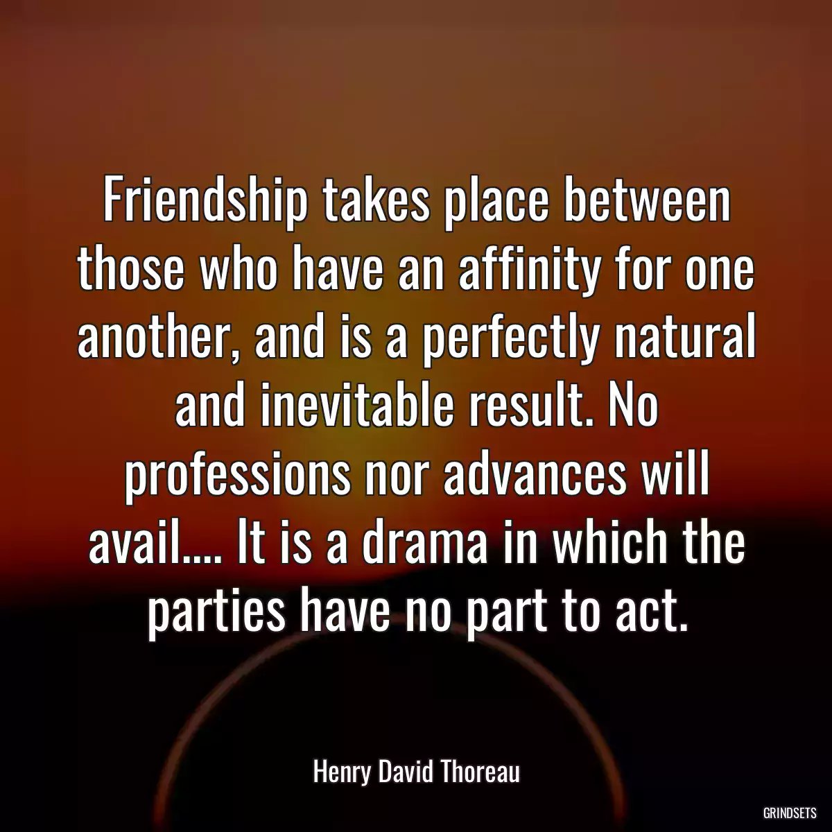 Friendship takes place between those who have an affinity for one another, and is a perfectly natural and inevitable result. No professions nor advances will avail.... It is a drama in which the parties have no part to act.