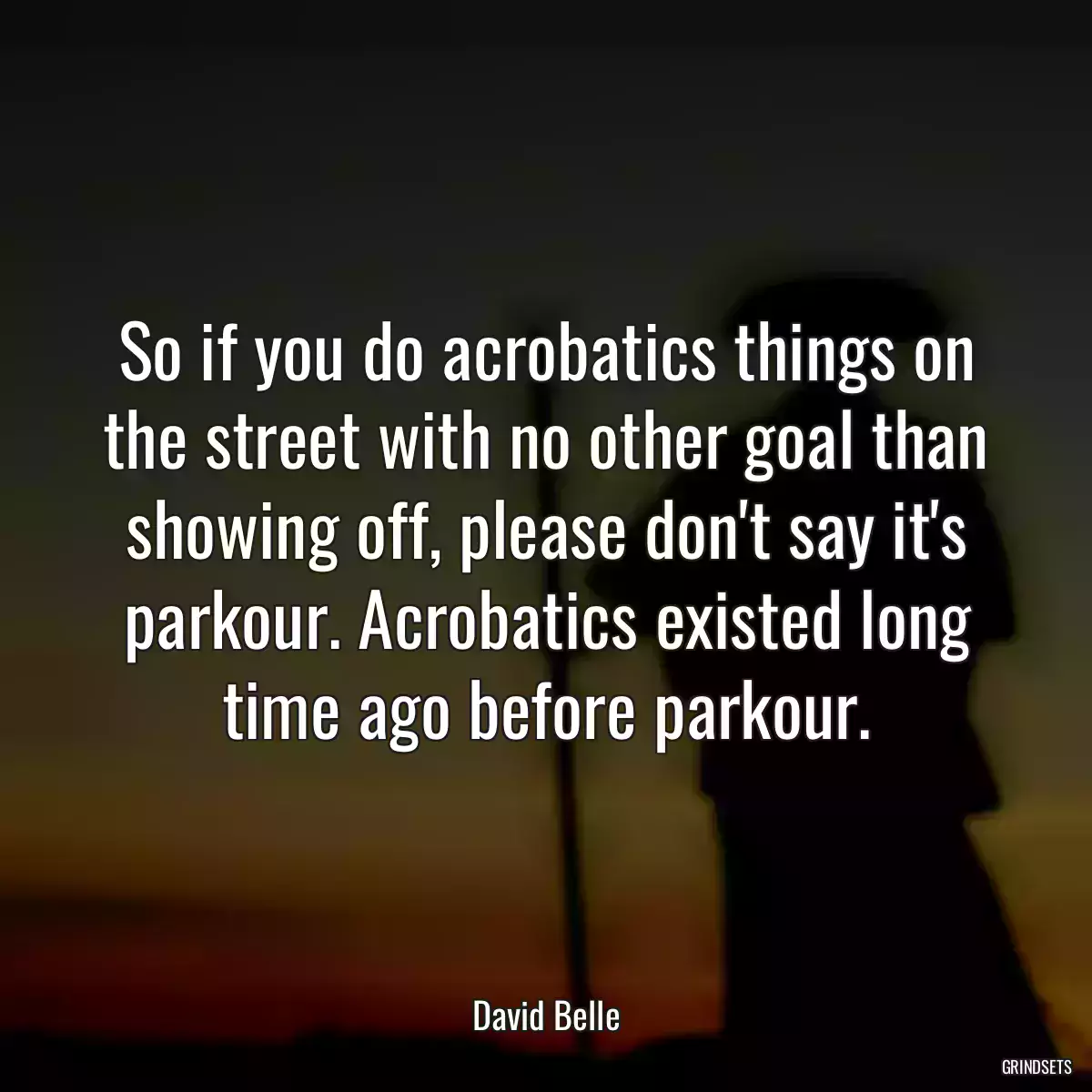 So if you do acrobatics things on the street with no other goal than showing off, please don\'t say it\'s parkour. Acrobatics existed long time ago before parkour.