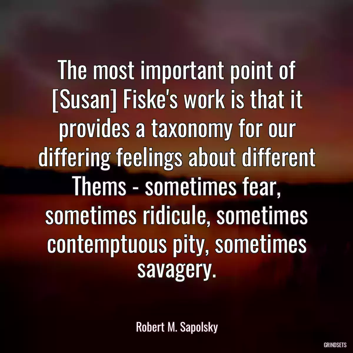 The most important point of [Susan] Fiske\'s work is that it provides a taxonomy for our differing feelings about different Thems - sometimes fear, sometimes ridicule, sometimes contemptuous pity, sometimes savagery.