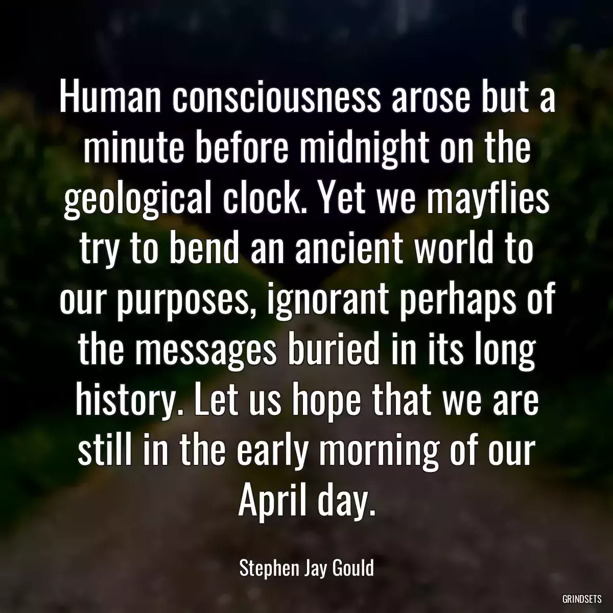 Human consciousness arose but a minute before midnight on the geological clock. Yet we mayflies try to bend an ancient world to our purposes, ignorant perhaps of the messages buried in its long history. Let us hope that we are still in the early morning of our April day.