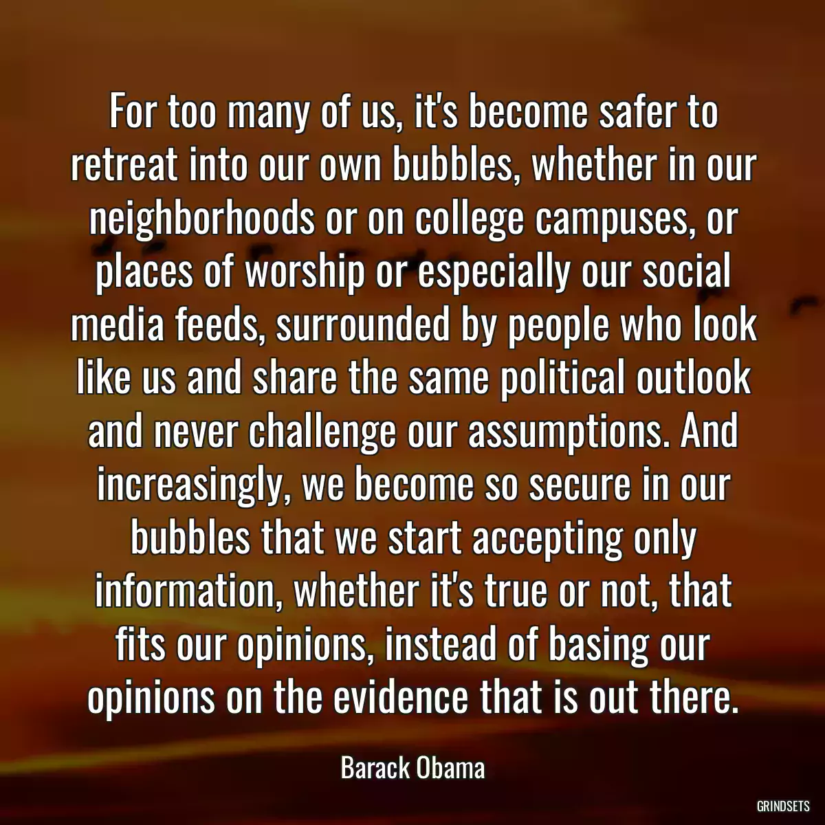 For too many of us, it\'s become safer to retreat into our own bubbles, whether in our neighborhoods or on college campuses, or places of worship or especially our social media feeds, surrounded by people who look like us and share the same political outlook and never challenge our assumptions. And increasingly, we become so secure in our bubbles that we start accepting only information, whether it\'s true or not, that fits our opinions, instead of basing our opinions on the evidence that is out there.