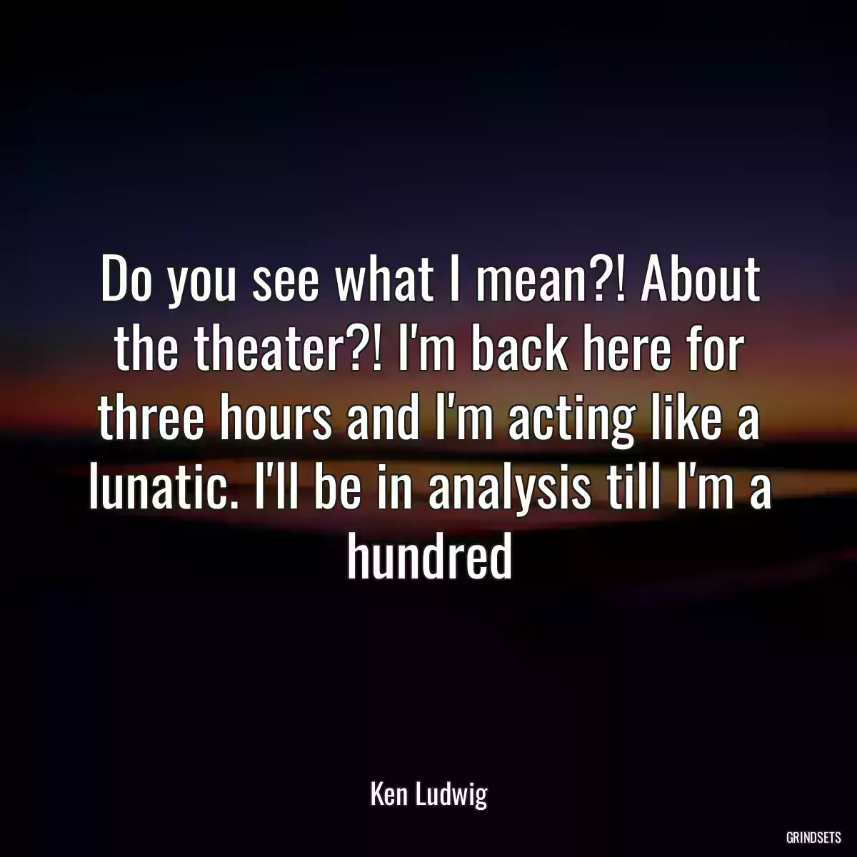 Do you see what I mean?! About the theater?! I\'m back here for three hours and I\'m acting like a lunatic. I\'ll be in analysis till I\'m a hundred