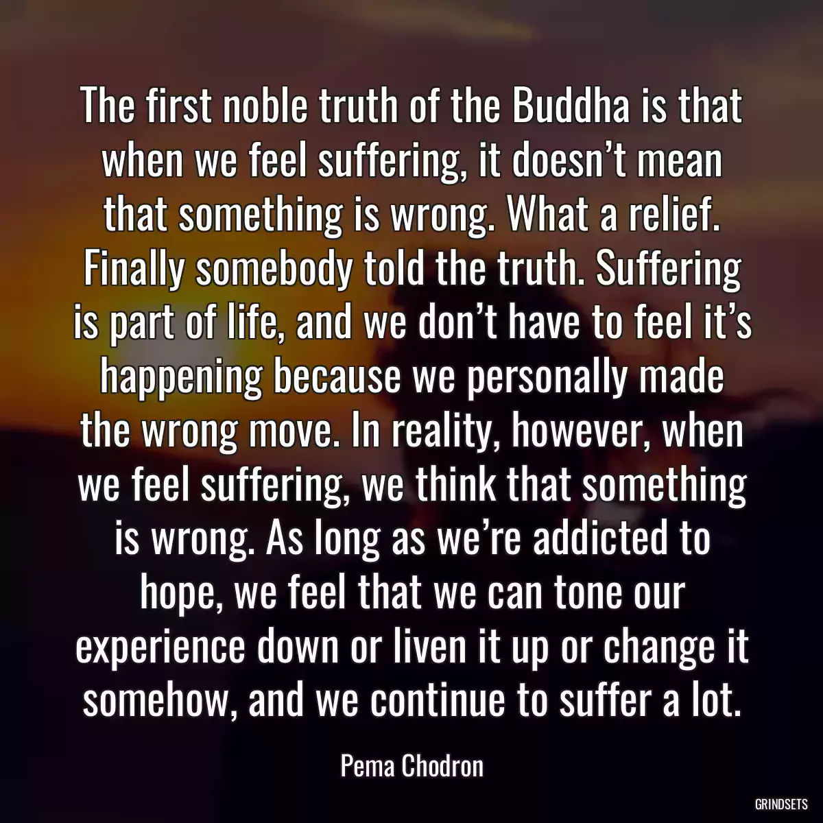 The first noble truth of the Buddha is that when we feel suffering, it doesn’t mean that something is wrong. What a relief. Finally somebody told the truth. Suffering is part of life, and we don’t have to feel it’s happening because we personally made the wrong move. In reality, however, when we feel suffering, we think that something is wrong. As long as we’re addicted to hope, we feel that we can tone our experience down or liven it up or change it somehow, and we continue to suffer a lot.