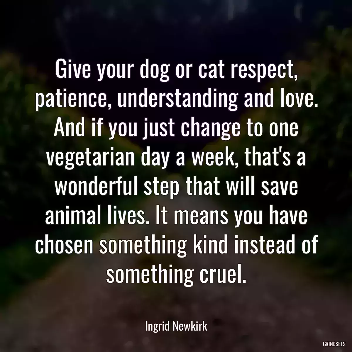 Give your dog or cat respect, patience, understanding and love. And if you just change to one vegetarian day a week, that\'s a wonderful step that will save animal lives. It means you have chosen something kind instead of something cruel.