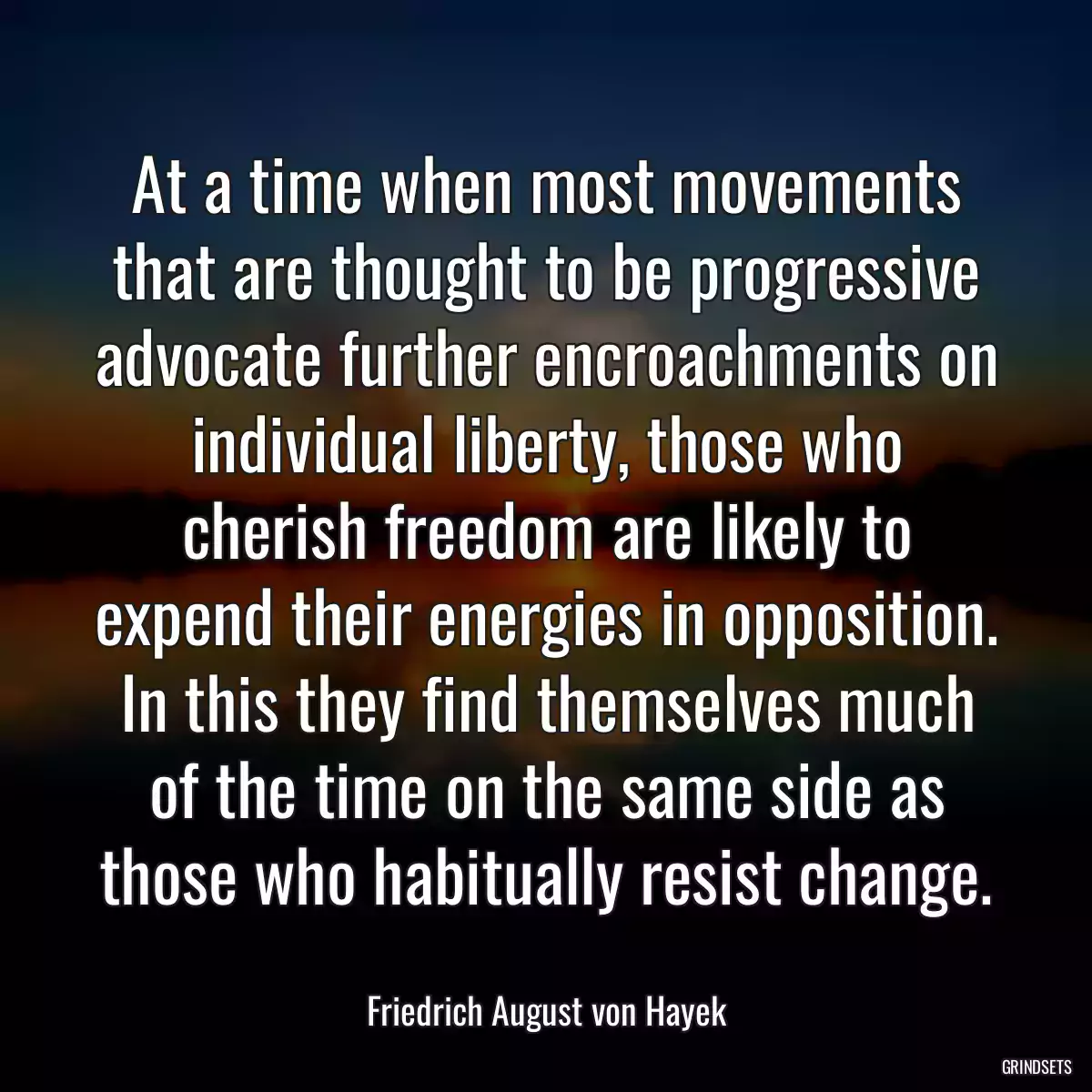 At a time when most movements that are thought to be progressive advocate further encroachments on individual liberty, those who cherish freedom are likely to expend their energies in opposition. In this they find themselves much of the time on the same side as those who habitually resist change.