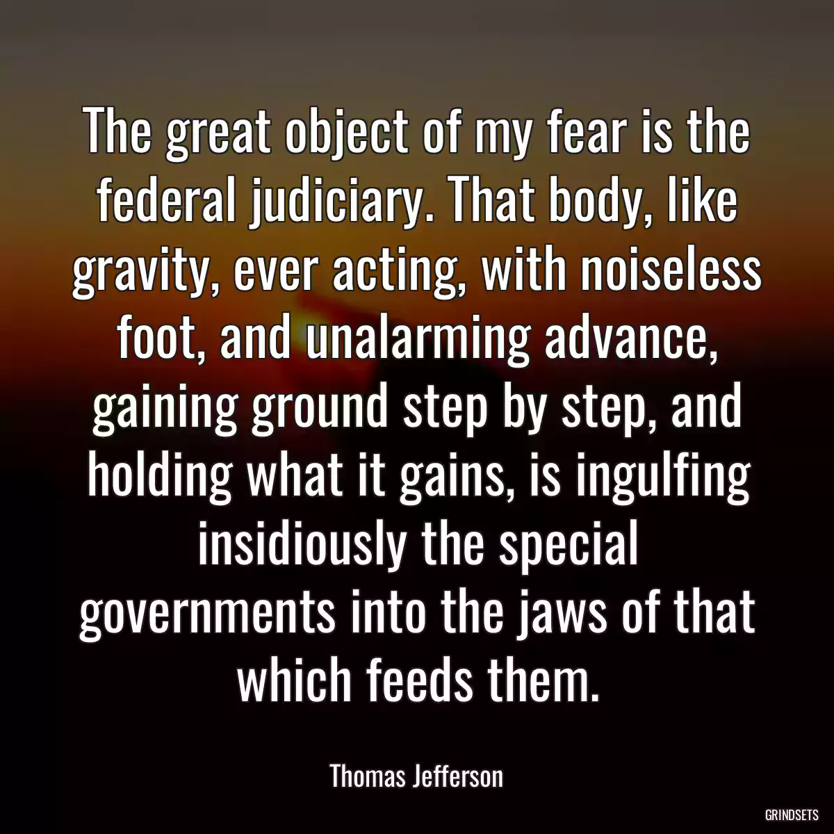 The great object of my fear is the federal judiciary. That body, like gravity, ever acting, with noiseless foot, and unalarming advance, gaining ground step by step, and holding what it gains, is ingulfing insidiously the special governments into the jaws of that which feeds them.