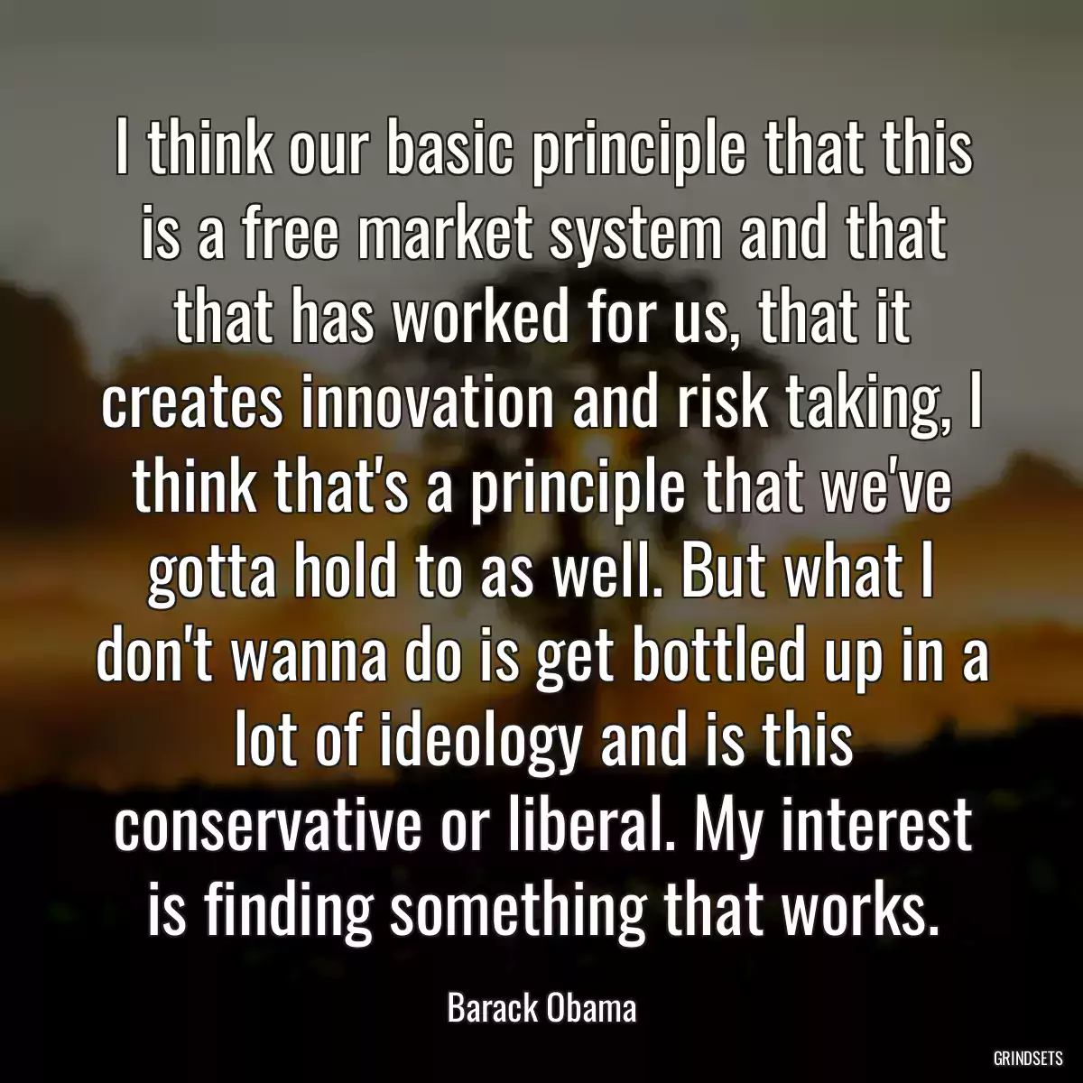 I think our basic principle that this is a free market system and that that has worked for us, that it creates innovation and risk taking, I think that\'s a principle that we\'ve gotta hold to as well. But what I don\'t wanna do is get bottled up in a lot of ideology and is this conservative or liberal. My interest is finding something that works.