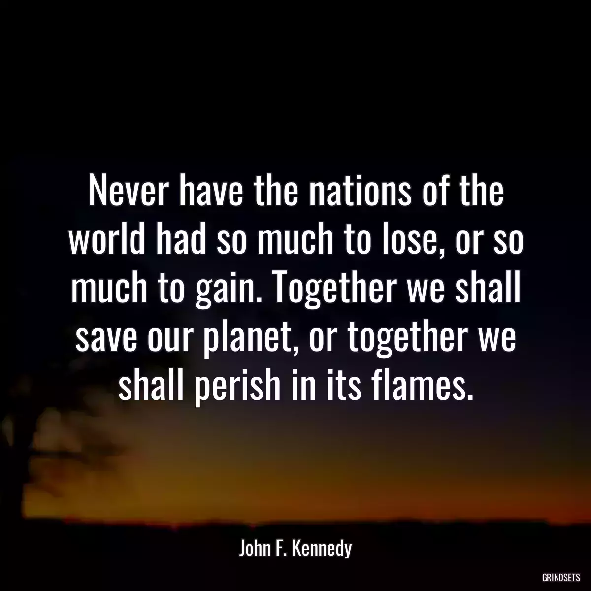 Never have the nations of the world had so much to lose, or so much to gain. Together we shall save our planet, or together we shall perish in its flames.