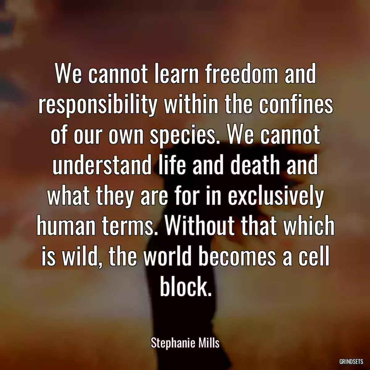 We cannot learn freedom and responsibility within the confines of our own species. We cannot understand life and death and what they are for in exclusively human terms. Without that which is wild, the world becomes a cell block.