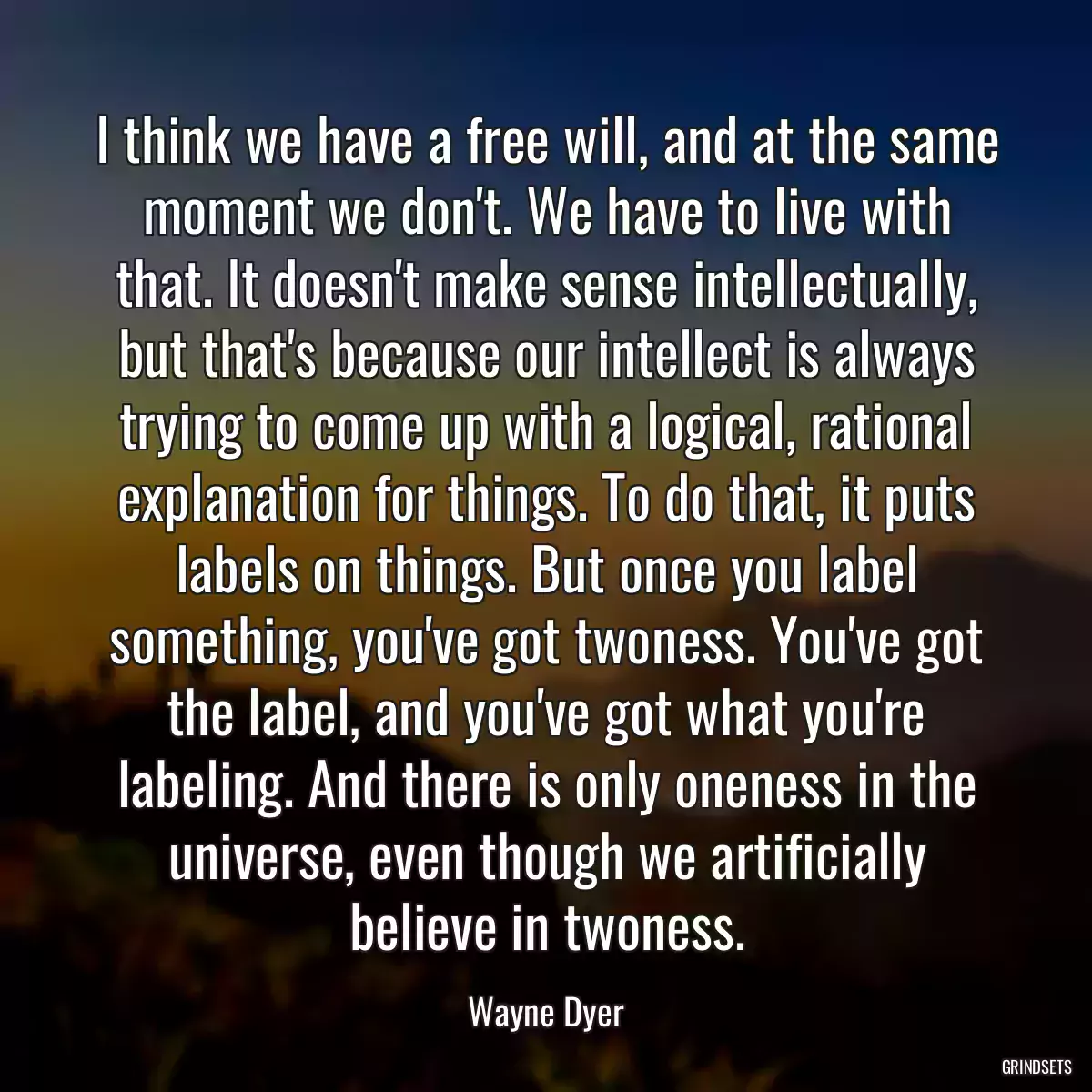 I think we have a free will, and at the same moment we don\'t. We have to live with that. It doesn\'t make sense intellectually, but that\'s because our intellect is always trying to come up with a logical, rational explanation for things. To do that, it puts labels on things. But once you label something, you\'ve got twoness. You\'ve got the label, and you\'ve got what you\'re labeling. And there is only oneness in the universe, even though we artificially believe in twoness.