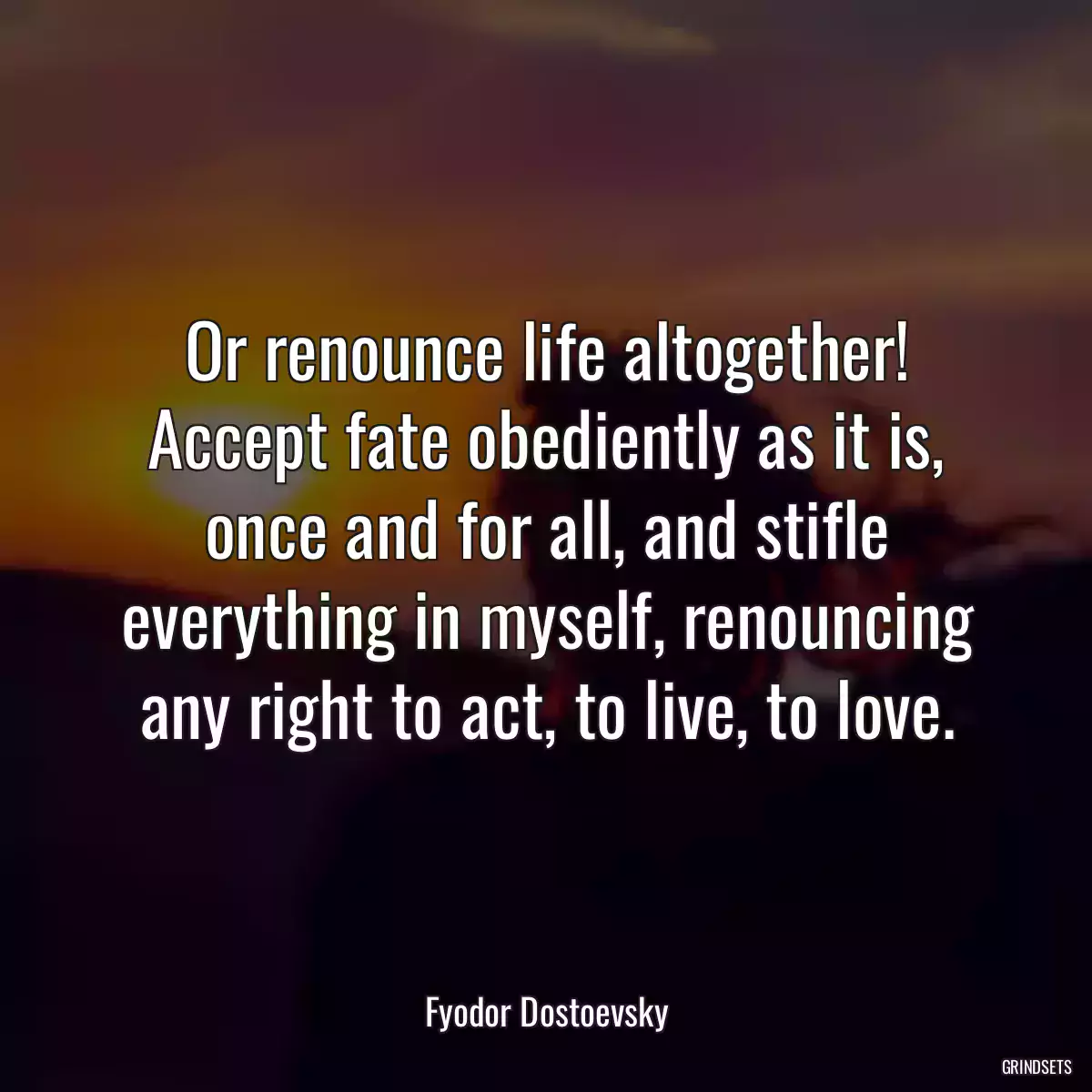 Or renounce life altogether! Accept fate obediently as it is, once and for all, and stifle everything in myself, renouncing any right to act, to live, to love.