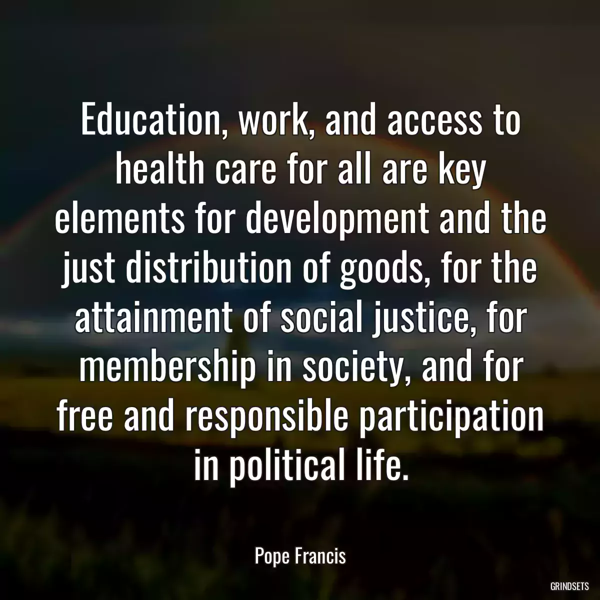 Education, work, and access to health care for all are key elements for development and the just distribution of goods, for the attainment of social justice, for membership in society, and for free and responsible participation in political life.