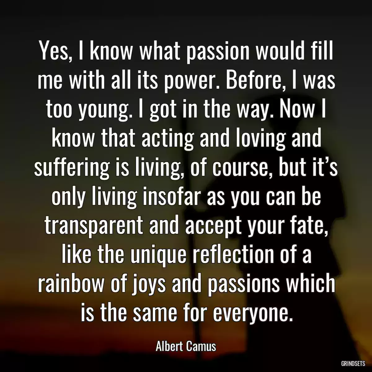 Yes, I know what passion would fill me with all its power. Before, I was too young. I got in the way. Now I know that acting and loving and suffering is living, of course, but it’s only living insofar as you can be transparent and accept your fate, like the unique reflection of a rainbow of joys and passions which is the same for everyone.