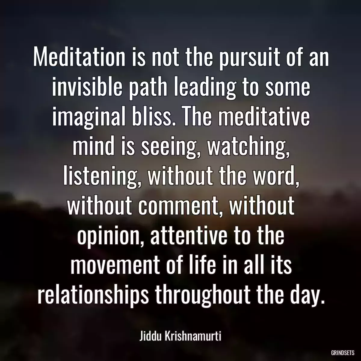 Meditation is not the pursuit of an invisible path leading to some imaginal bliss. The meditative mind is seeing, watching, listening, without the word, without comment, without opinion, attentive to the movement of life in all its relationships throughout the day.