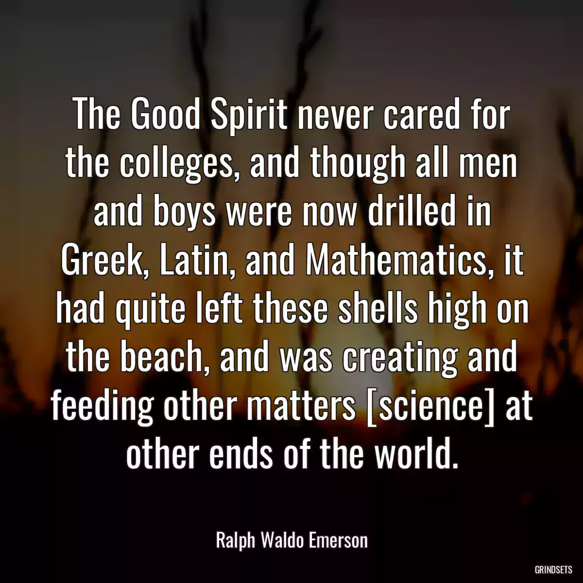 The Good Spirit never cared for the colleges, and though all men and boys were now drilled in Greek, Latin, and Mathematics, it had quite left these shells high on the beach, and was creating and feeding other matters [science] at other ends of the world.